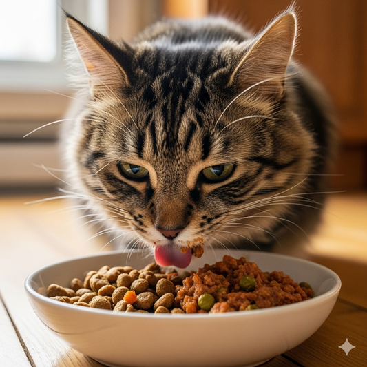 Ένας χνουδωτός, ριγέ γάτος τρώει με όρεξη υγιεινή τροφή από ένα λευκό μπολ. Το μπολ περιέχει ένα μείγμα από ξηρή τροφή και υγρή τροφή με λαχανικά.