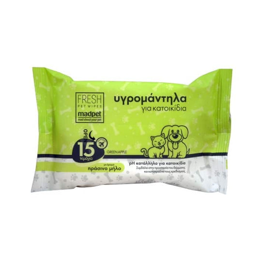Madpet Υγρά Μαντηλάκια Τσέπης για Σκύλους και Γάτες με Άρωμα Πράσινο Μήλο 15τμχ
