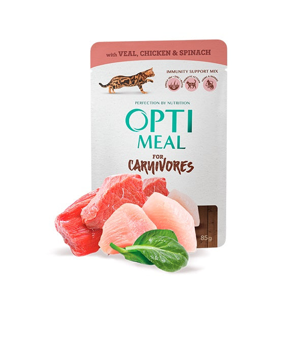 Optimeal Grain Free Υγρή Τροφή Ενήλικης Γάτας με Μοσχάρι, Κοτόπουλο, Σπανάκι σε Σάλτσα 85γρ