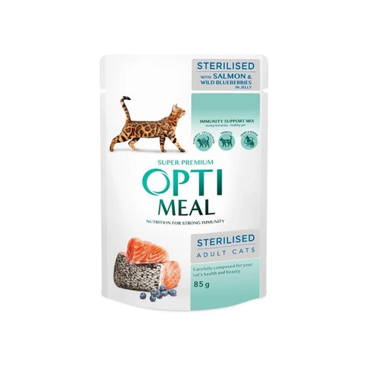 Optimeal Sterilised Adult Cats Υγρή Τροφή Στειρωμένης Γάτας με Σολομό, Blueberries Ζελέ 85γρ