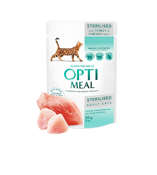 Optimeal Sterilised Cats Υγρή Τροφή Στειρωμένης Γάτας με Γαλοπούλα, Κοτόπουλο σε Σάλτσα 85γρ