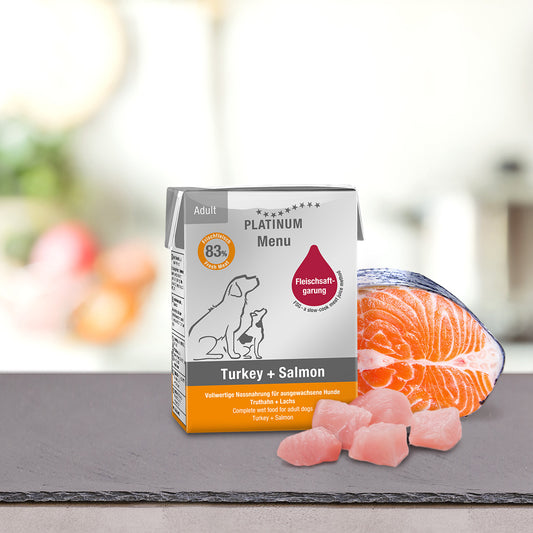 PLATINUM MENU Μαγειρευτή (FSG) Υγρή Τροφή Σκύλου, Γαλοπούλα & Σολομός 185gr