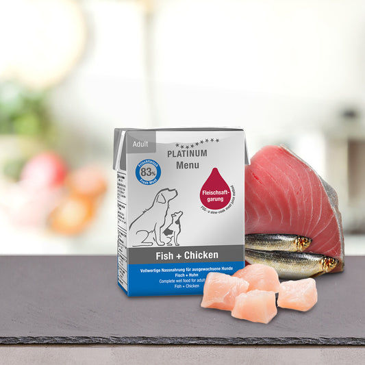 PLATINUM MENU Μαγειρευτή (FSG) Υγρή Τροφή Σκύλου, Κοτόπουλο & Ψάρι 185gr