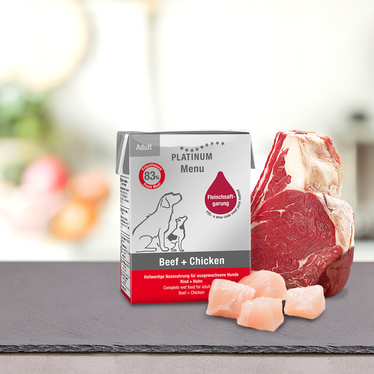 PLATINUM MENU Μαγειρευτή (FSG) Υγρή Τροφή Σκύλου, Μοσχάρι & Κοτόπουλο 12x185gr