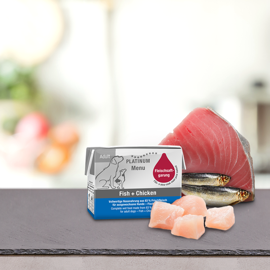 PLATINUM MENU Μαγειρευτή (FSG) Υγρή Τροφή Σκύλου, Κοτόπουλο & Ψάρι 12x90gr