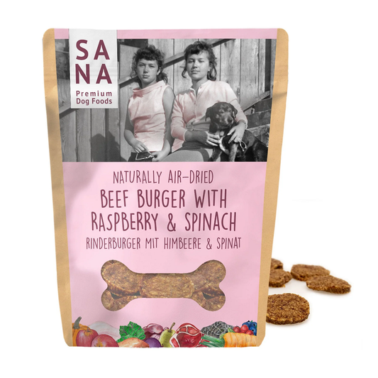 Sanadog Beef Burger Αποξηραμένες Φυσικές Λιχουδιές με Μοσχάρι, Raspberry, Σπανάκι 100γρ