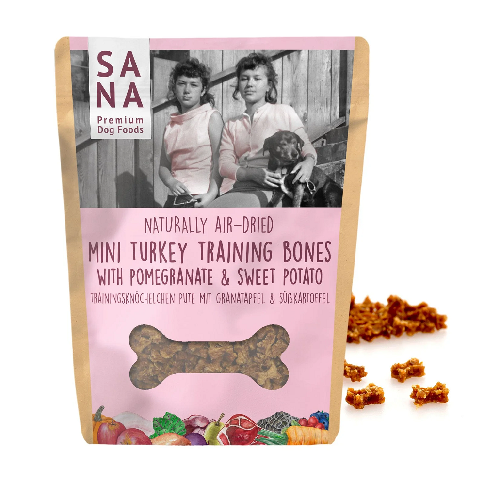 Sanadog Mini Turkey Training Bones Αποξηραμένες Φυσικές Λιχουδιές με Γαλοπούλα, Γλυκοπατάτα, Ρόδι 100γρ