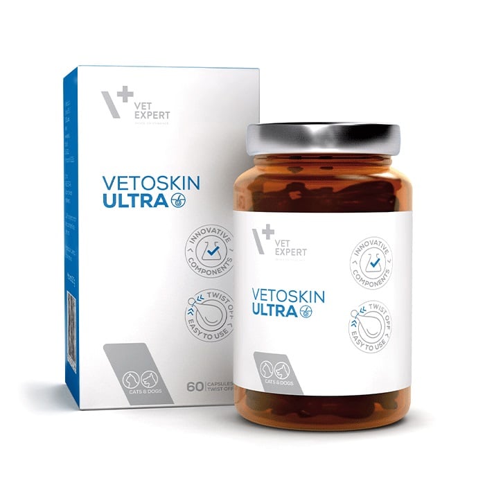 Vet Expert Vetoskin Ultra Συμπλήρωμα Διατροφής Σκύλου, Γάτας με Ατοπική Δερματίτιδα, Φαγούρα, Ψώρα 60caps