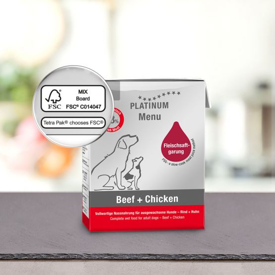 PLATINUM MENU Μαγειρευτή (FSG) Υγρή Τροφή Σκύλου, Μοσχάρι & Κοτόπουλο 375gr