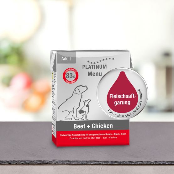 PLATINUM MENU Μαγειρευτή (FSG) Υγρή Τροφή Σκύλου, Μοσχάρι & Κοτόπουλο 375gr