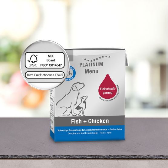 PLATINUM MENU Μαγειρευτή (FSG) Υγρή Τροφή Σκύλου, Κοτόπουλο & Ψάρι 12x90gr