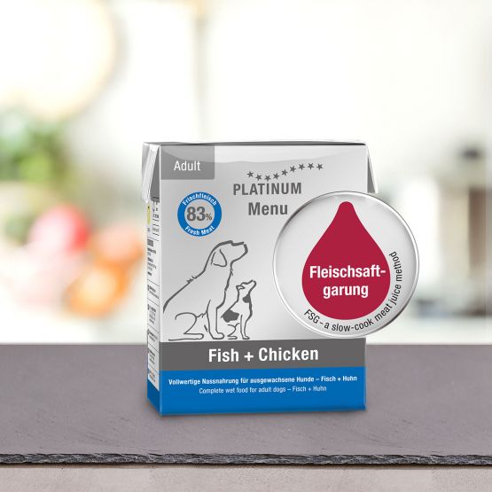 PLATINUM MENU Μαγειρευτή (FSG) Υγρή Τροφή Σκύλου, Κοτόπουλο & Ψάρι 12x375gr
