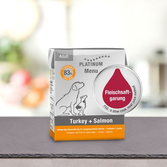 PLATINUM MENU Μαγειρευτή (FSG) Υγρή Τροφή Σκύλου, Γαλοπούλα & Σολομός 185gr