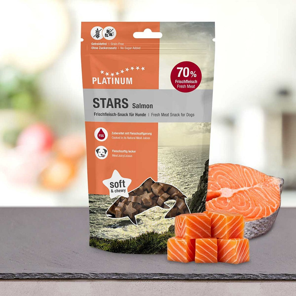 PLATINUM Stars Salmon Μαγειρευτές Λιχουδιές Σκύλου με 70% Φρέσκο Σολομό 185gr